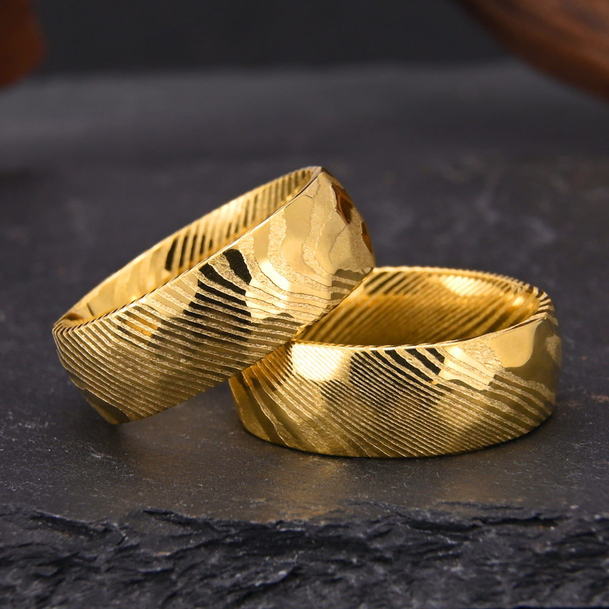 Mudd Babies 8mm Electroplated 18K Gold Damascus Steel Ring