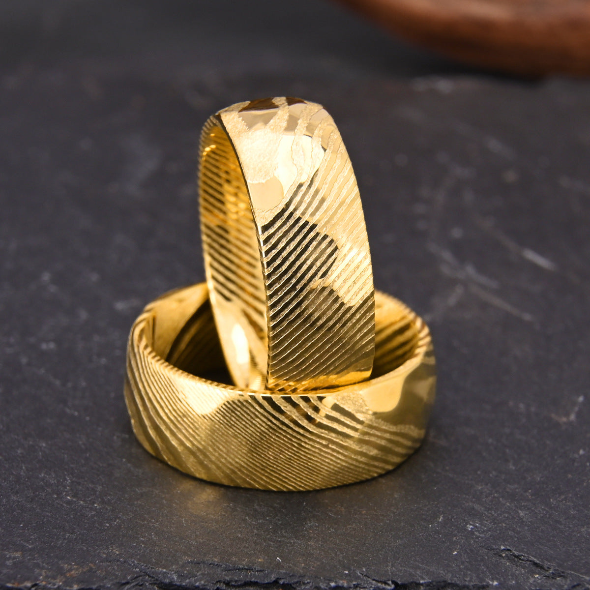 Mudd Babies 8mm Electroplated 18K Gold Damascus Steel Ring